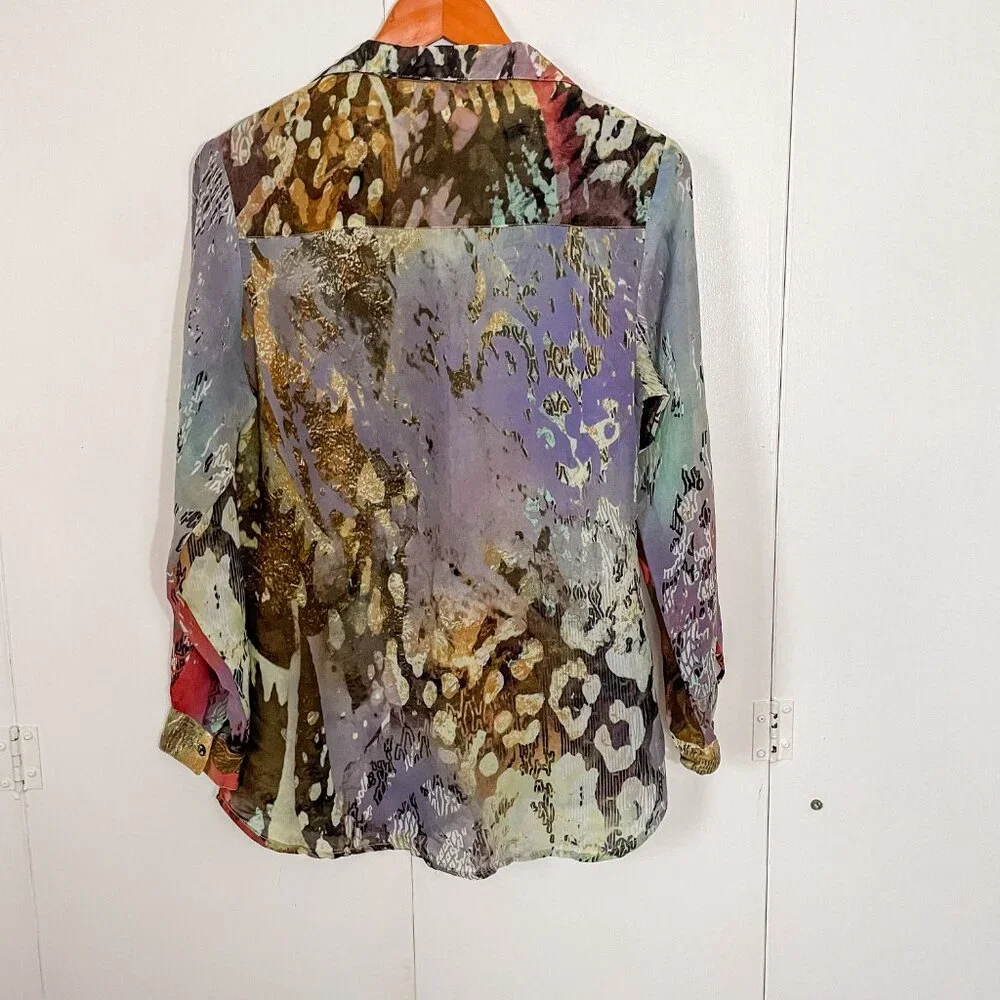 Abstract Multi-Color Sheer Button-Front Blouse - Picture 2 of 10